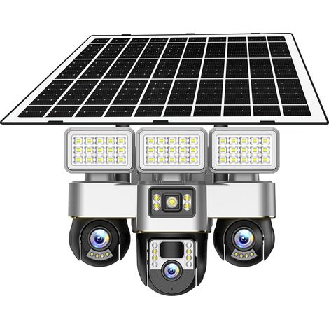 Caméra de surveillance solaire 3 objectifs PTZ 3 vues simultanées WiFi Extérieur Lampe de jardin LED Panneau solaire 15W autonome sans fil, Vision nocturne 15m, Audio bidirectionnel, Rotation 355° (1/4)