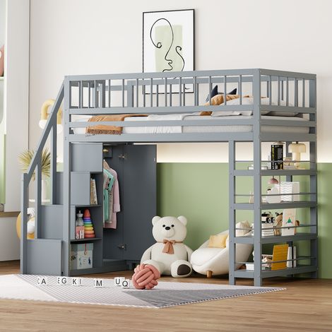 Cama altillo de 90x200 cm, cama altillo adolescente con barandilla, armario, estantes, escalera de seguridad, de madera, gris (1/5)
