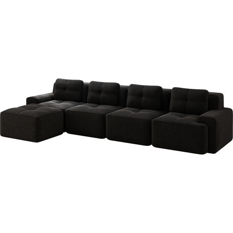 Diván modular esquinero en L con chaise longue, 4 plazas, de pana negra, sin montaje (1/5)
