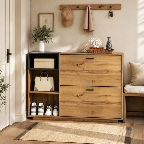 Zapatero de MDF 120x32x84,5 cm con 3 estantes abiertos y 2 abatibles OKWISH (1/5)