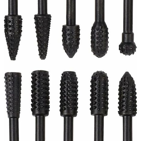 XEPHO 10 Pcs Fraise Metal Noir 6.3mm 1/4 Antirouille Acier Carbure De Tungstène Set Râpe Forets Fraises Rotatives En Outils Pour Bois  Sculpture Faire Modèle Polir Bricolage