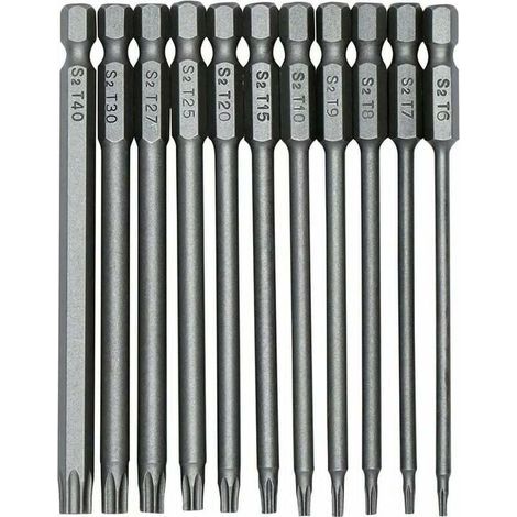 11 Pièces 100mm S2 1/4Pouce Torx Tournevis Bits à Tige Hexagonale de Précision Foret Tournevis Magnétique de Sécurité T6-T40 Tournevis à Tête Longue Torx -- (1/5)