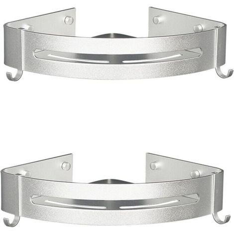 Set di 2 mensole angolari per doccia, non richiedono forature, in metallo con 2 ganci per doccia, antiruggine, supporto autoadesivo per oggetti da bagno (argento)