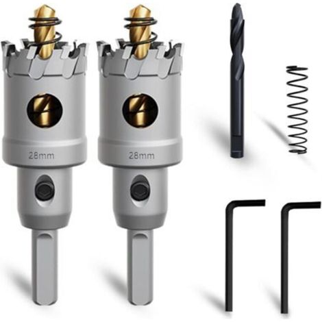 Ensemble de 2 scies cloches en carbure de tungstène de 28 mm avec mèche de guidage nitrurée supplémentaire et clé en L pour l'acier, le fer, l'aluminium et le métal. (1/4)