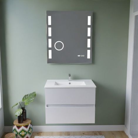 Meuble vasque ROSALY INOX 70 cm + miroir Excellence- Blanc- Plan vasque en Céramique (1/5)