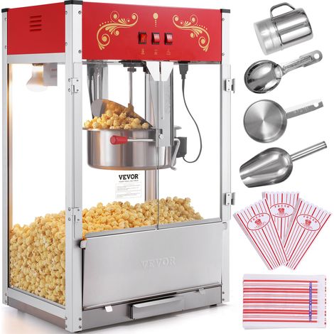VEVOR Machine a Pop Corn 1615 W, Appareil a Pop-corn de Comptoir Electrique, Grand Bol de 454 g, avec Verre Trempe, 3 Cuilleres en Acier Inoxydable, Style Cinema, pour Fete Magasin Soiree, Rouge