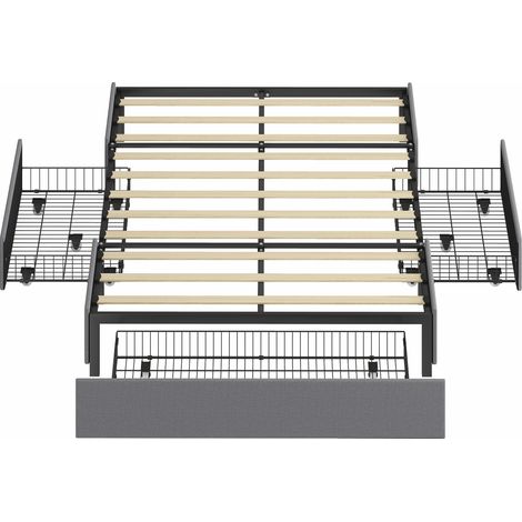 Lit double 140x190 cm, sommier à lattes, 3 tiroirs, structure métallique, charge maximale 363 kg, gris (1/5)