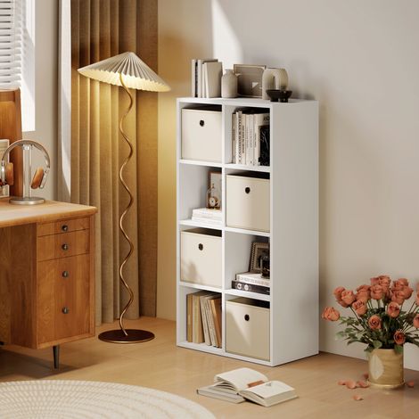 Estantería de 8 Cubos con 4 Cajones de Tela Horizontal o Vertical para Salón Dormitorio 105,9x30x53,7 cm Blanco y Beige (1/5)