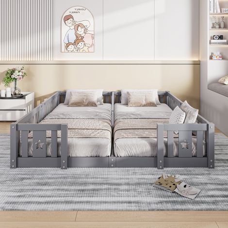 FOERPL-Kinderbett mit Sternen, Montessori-Bodenbett mit Lattenrost, Doppelbettgestell aus massivem Kiefernholz mit Sicherheitsgeländer und Absturzsicherung
