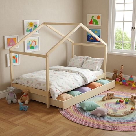 Les Tendances – Lit cabane 90x190 cm – Structure en épicéa massif – Sommier à 12 lattes – Tiroir monté sur roulettes – Hauteur de matelas max 16 cm (1/4)