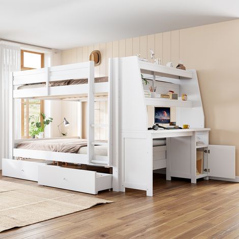 Litera de 140 x 200 cm con armario lateral integrado y reversible (izquierda/derecha), que incluye escritorio, estante, cajones y espacios de almacenamiento, color blanco. (1/5)