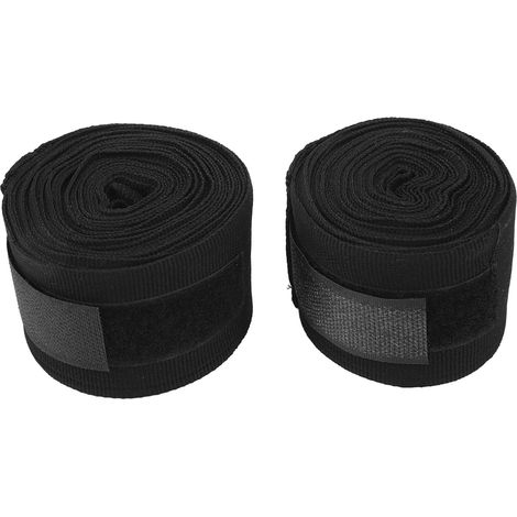 Lot de 2 bandes de boxe en coton de 5 m, séchage rapide, semi-élastiques, fermeture auto-agrippante, pour le kickboxing et le muay thaï, noires. (1/5)