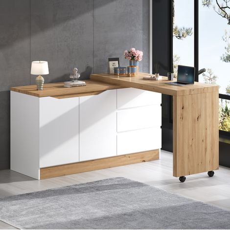 Escritorio giratorio plegable de 120 x 50 x 78 cm con ruedas, 2 puertas, 3 cajones, blanco/roble, aglomerado. (1/5)