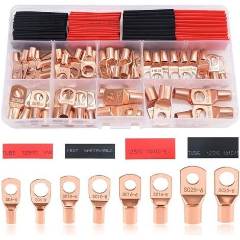 Kit de 120 cosses à anneau M6/M8 – Cosses tubulaires et embouts de câble – Avec gaines thermorétractables dorées – Cuivre (1/5)