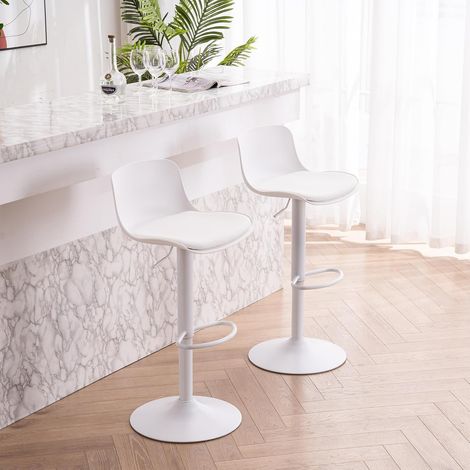 Ensemble de deux tabourets de bar – réglables en hauteur, pivotants à 360°, avec dossier et repose-pieds – adaptés aux bars, comptoirs ou cuisines – blanc