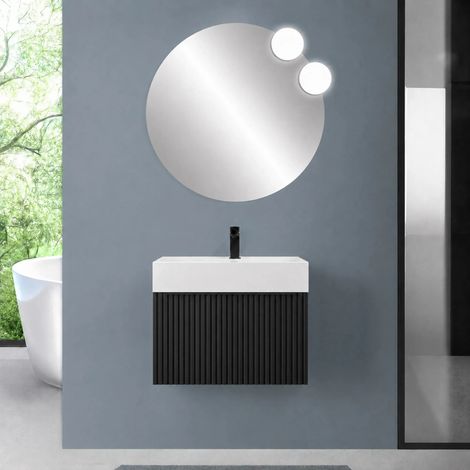 Mobile bagno sospeso 70 cm nero opaco con un cassetto e lavabo alto in resina Nara (1/5)