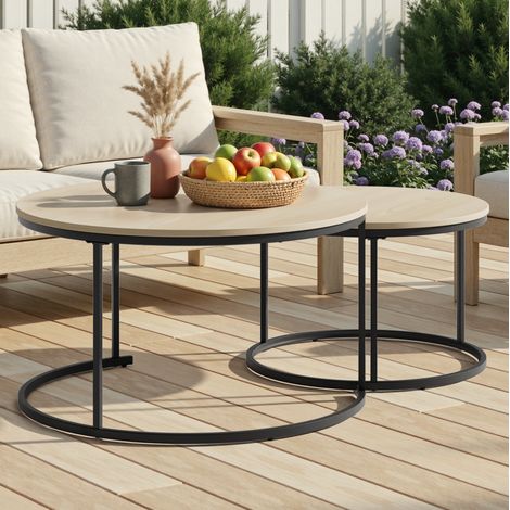 Couchtisch Set rund verschachtelbar 80 cm Eiche Metall OKMYHOME (1/5)