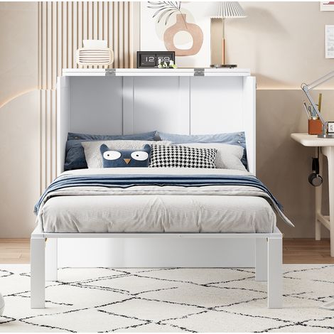 Cama abatible vertical de madera blanca 90x200 cm, ahorra espacio con almacenamiento inferior (1/5)
