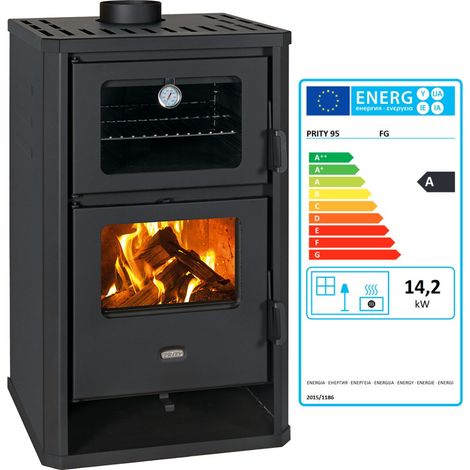 Prity – Poêle à bois avec four 14,2 kW – Émissions réduites CO 933 mg/Nm³ – Rendement 75,5 % – Pour bois sec – Design compact