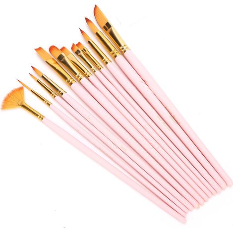 Ensemble de 12 pinceaux en nylon pour aquarelle, outils de peinture et loisirs créatifs. 12 tiges roses mates. (1/5)