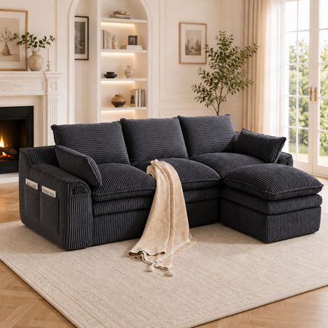 Canapé modulable 3 places velours côtelé pouf coussins poches latérales mousse 3 couches ressorts confort salon bureau gris foncé (1/5)