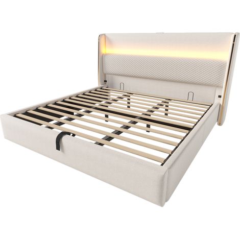 Cama canapé hidráulica 180x200 cm de lino beige con cabecero alto LED y puertos USB Tipo-C (1/5)