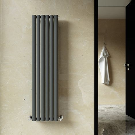 ELEGANT Central Heating Radiator 1600 x 354mm Vertical Anthracite Single Panel Oval Column Rad + Chrome Thermostatic Radiator Valves (1/5)