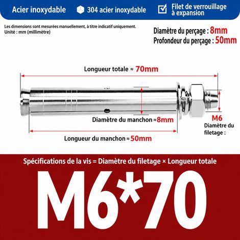 Goujon d'ancrage M6x70 mm inox 304 perçage 8 mm lot de 10 m6 70 10 pièces 1 kg – Livraison gratuite