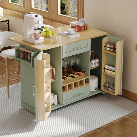 Isola cucina mobile 138x45(70)x92 cm con piano di lavoro ribaltabile, contenitore, MDF verde anticato (1/5)