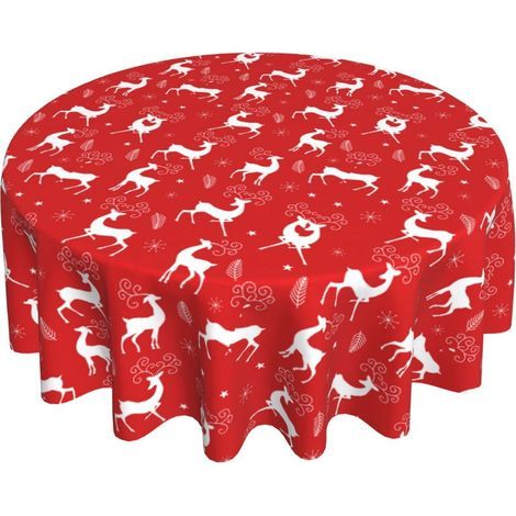 Nappe de Noël ronde 152 cm (60 pouces), imperméable, motif cerf et sapin, idéale pour la cuisine, les fêtes et les repas (1/5)