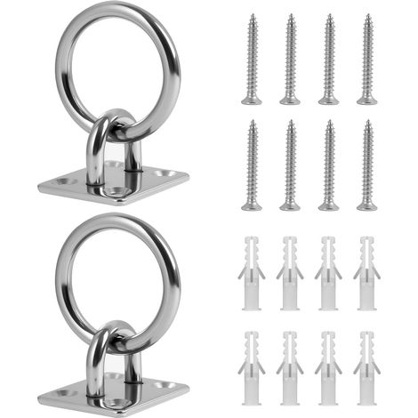 Lot de 2 Anneau de Fixation Cheval Chien Bétail, crochet suspension plafond/mural inox 304 avec anneau mobile 40 mm, idéal pour voile d’ombrage, hamac, sac de frappe. (1/5)
