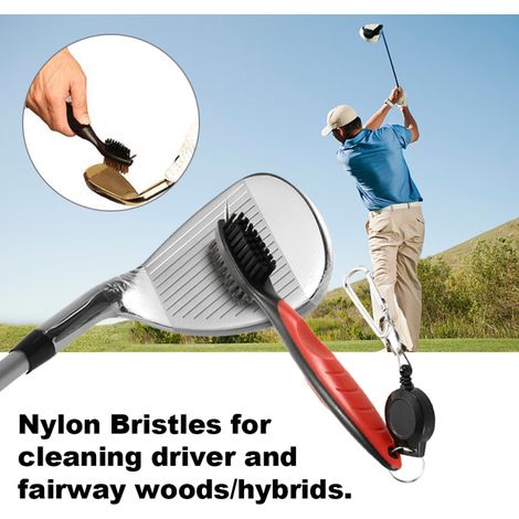 Golfschläger-Reinigungsbürste, doppelseitige Reinigungsspitze und -rillen aus Nylon und Stahl, Clip, Karabiner, Taschenaufhänger, ergonomisches Design (Nylonbürste)