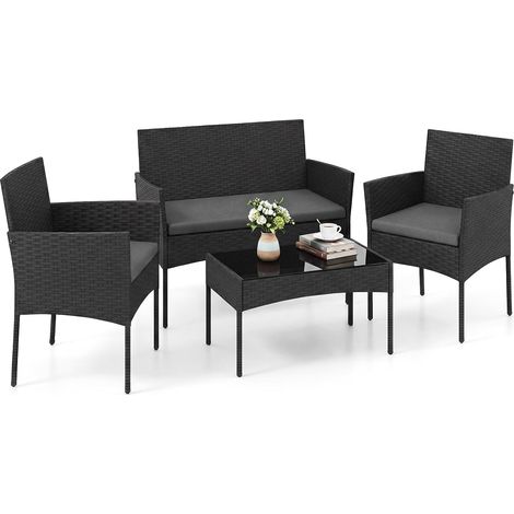 COSTWAY Set Salotto da Giardino 4 Pezzi,Poltrone in Rattan,con Cuscino Imbottito,Grigio (1/2)