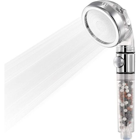 Douchette anticalcaire avec bouton marche/arrêt pause, 3 modes, douchette haute pression avec pierre minérale, pomme de douche filtrante 3 positions amovible et lavable (1/4)