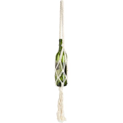 Porte-bouteille en corde de coton tricoté main style bohème, sac de rangement suspendu pour bouteilles couleur beige (1/5)