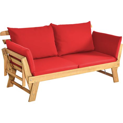 Divano letto convertibile in legno d'acacia con braccioli regolabili cuscini, Chaise longue da esterno Rosso (1/5)