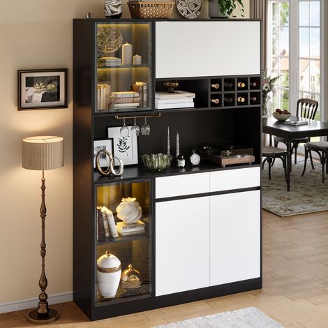 Aparador alto con vitrina 120x35x180 cm con LED, vitrina para salón y mueble de almacenaje para cocina, con botellero y portacopas, negro y blanco (1/5)