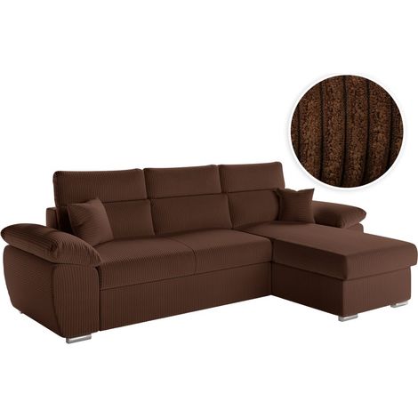 Canapé KOMECO d'angle reversible convertible avec coffre et têtières en velours côtelé - Marron (1/5)