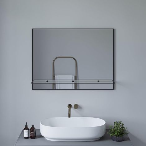 Spiegel Badspiegel mit Ablage Badezimmerspiegel mit Regal 80 x 60 cm Schwarz Aluminiumrahmen Wandspiegel Ohne LED Beleuchtung Rechteckig Hängespiegel Dekospiegel