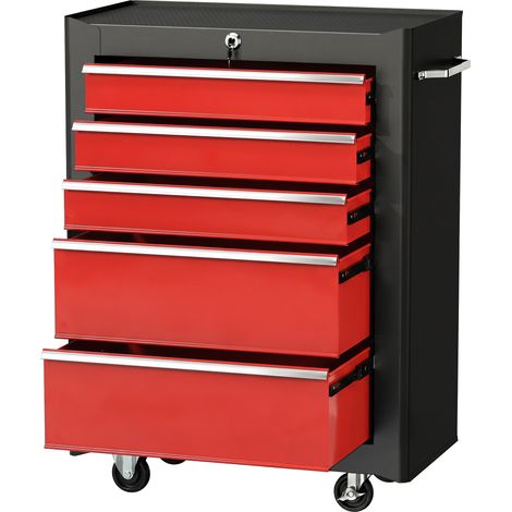 Carrello Porta Attrezzi 68x33x82,5 cm con 5 Cassetti Tappetini in EVA Serratura e 2 Chiavi 4 Ruote Girevoli in Acciaio Nero Rosso (1/5)