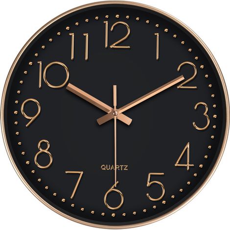 Horloge murale silencieuse à quartz moderne de 30 cm (12 pouces) avec chiffres arabes, sans tic-tac, accessoires et décoration pour la maison (or rose et noir), noir