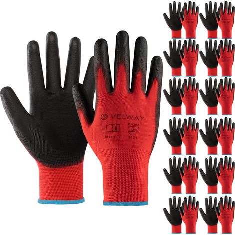 Velway Gants Travail 12 Paires - Revêtement PU Antidérapant Jardinage Bricolage - Rouge Taille 10 (1/5)