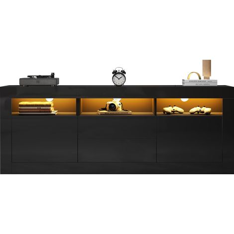 160×35×60 cm Meuble TV brillant avec éclairage LED, 3 niches ouvertes, 2 portes et 2 tiroirs, contrôle via application, pour téléviseurs jusqu’à 70 pouces