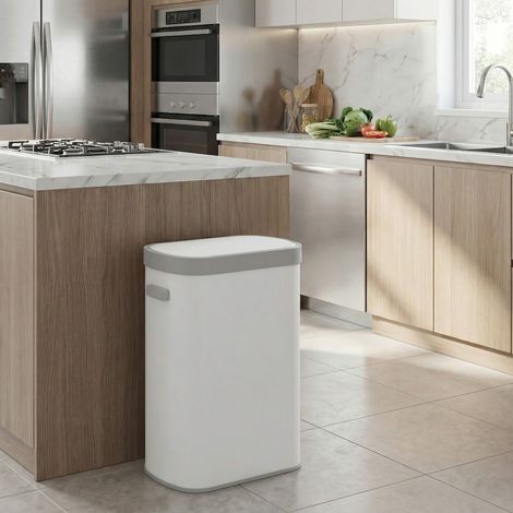 Poubelle Automatique 50 L, Couvercle à Fermeture Douce, Acier, Blanc