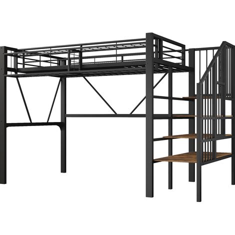 Letto a soppalco 90 x 200 cm in metallo e MDF nero con scala, vani contenitore e LED (1/5)