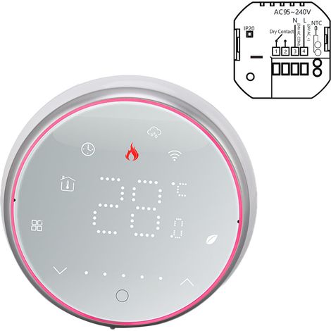 Thermostat intelligent sans fil WiFi avec affichage LED, commande vocale via application, AC95240V, thermostat rond intelligent à économie d'énergie pour chaudière, blanc
