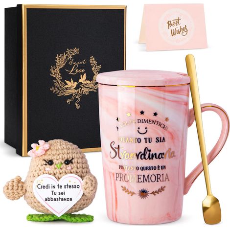 Cadeau pour femme, anniversaire, poupée de pomme de terre positive, tasse en céramique de 400 ml en marbre rose avec impression dorée, gadgets bureau mignon porte-bonheur cadeaux pour elle, emballage (1/5)