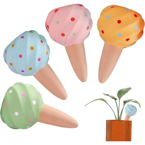 Lot de 8 pointes d'arrosage pour plantes en terre cuite en forme de cône de glace (4 couleurs, 2 pièces par couleur) – Abreuvoirs automatiques pour plantes d'intérieur et de jardin (1/5)