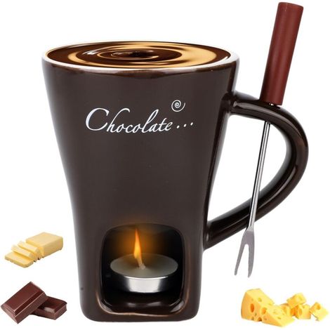 Taza de fondue de chocolate con tenedor y velas pequeñas, juego de taza para derretir chocolate suave, olla de cerámica para fondue de queso, dulces, velada romántica (marrón oscuro)