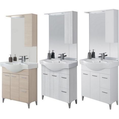 Bagno Italia Arredo bagno a terra cm 81 mobile bianco con lavandino e specchiera con tettino e pensile (1/5)